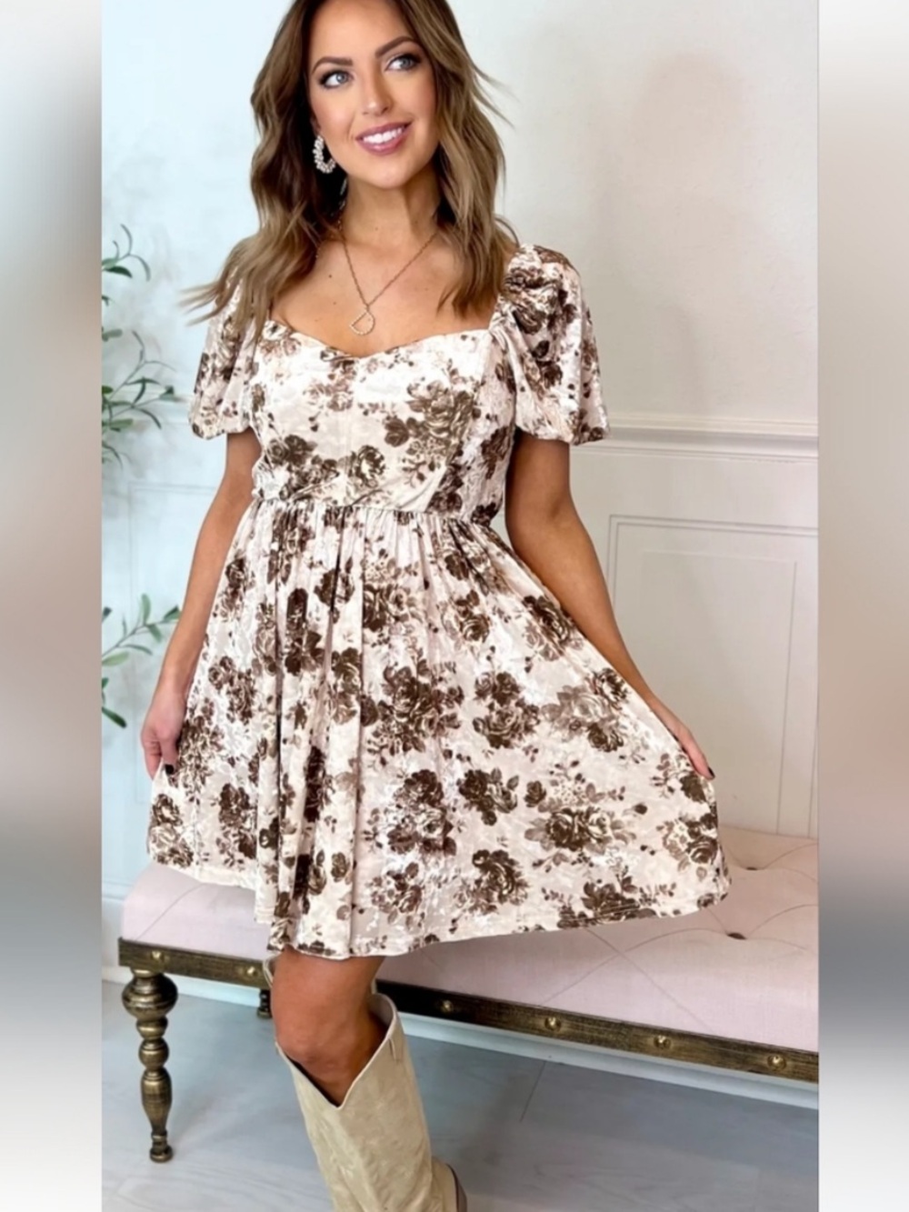 Altar'd State Cream Floral Velvet Puff-Sleeve Mini Dress